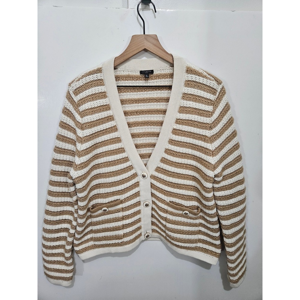 Talbots Petite XL Cardigan Gold Metallic Stripe Wool Blend Lady Jacket Preppy